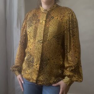 Vintage 80s gold and black graphic print blouse size medium